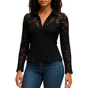 Y2K Lace Button Up Top Womens XS Black Whimsigoth Witchy Feminine Dark‎ Romantic